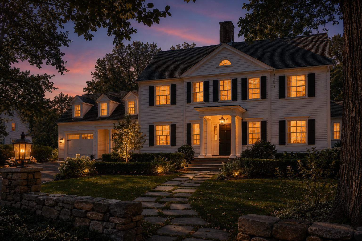 A shingle-style New England home at dusk with windows glowing