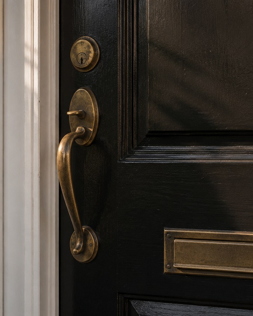 A classic New England front entryway with warm light on the threshold