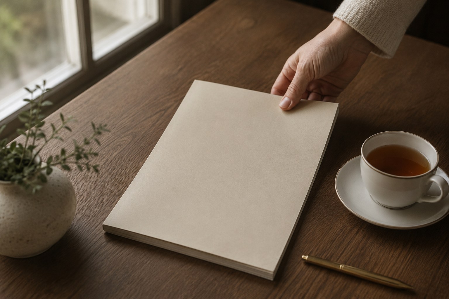 A hand setting down a printed Home Wellness Report on a warm oak table